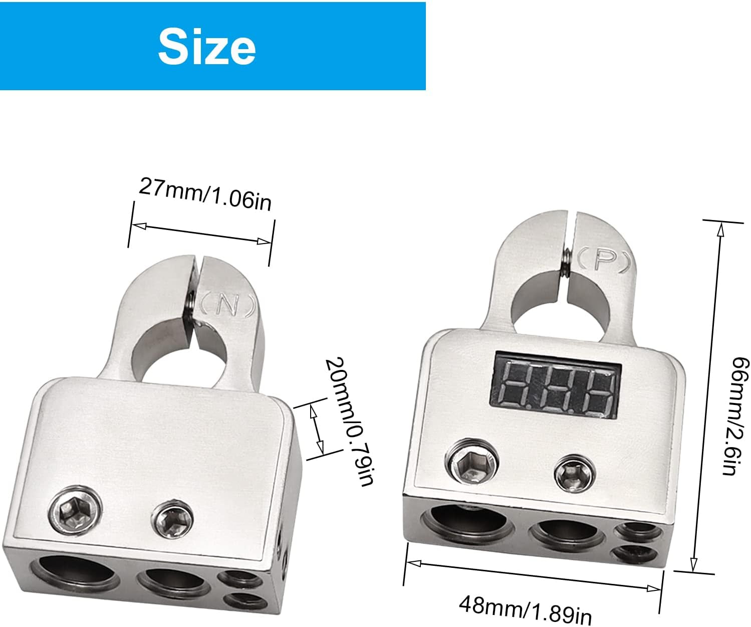 1 Pair Motor Car Battery Terminal Connectors with Voltmeter 0/4/8 AWG Positive Negative Battery Post Clamp and Shims,Auto Car Marine Boat Terminals Replacemen(Silver)