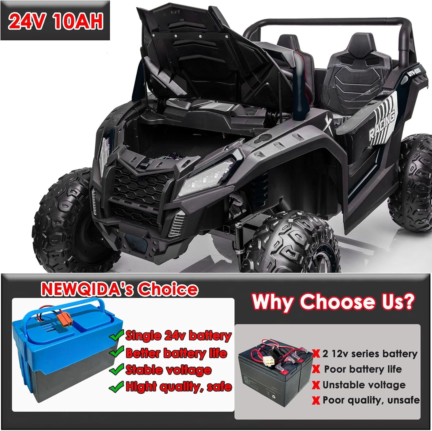 XXXL 24V Ride on Toys for Big Kids UTV 2 Seater Ride on Car for Kids 4WD Ride on Truck with Remote Control, Off-Road Side by Side, Max 220Lbs, up to 5.6 MPH, Shock Suspension, Music, Black