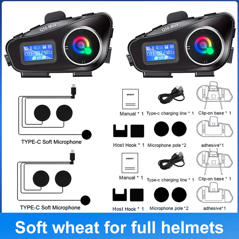 1/2Pcs Motorcycle Helmet Intercom for 2 Riders 500M Interphone Motorbike Communicator Music Share with Flashlight Headphone