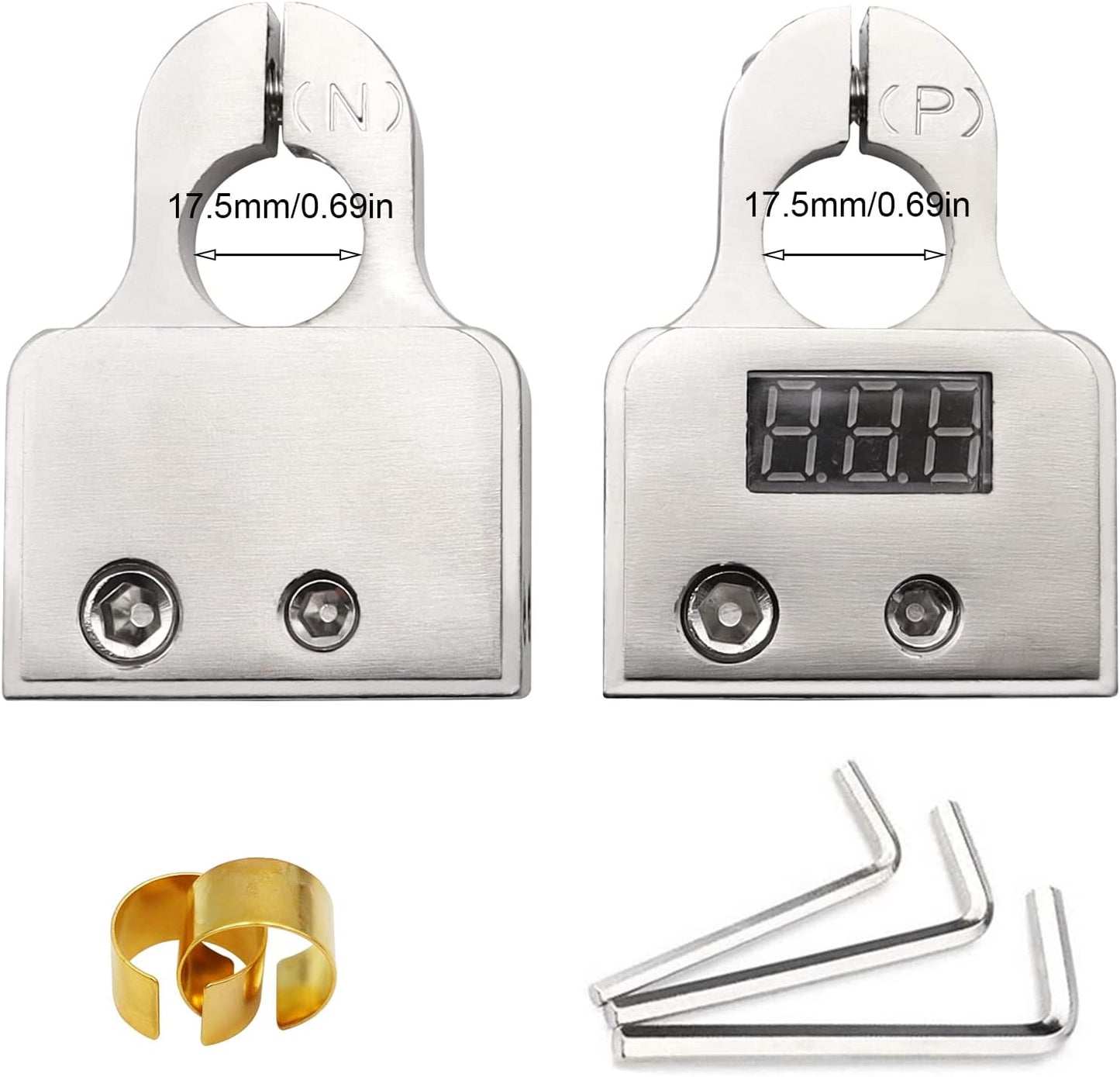 1 Pair Motor Car Battery Terminal Connectors with Voltmeter 0/4/8 AWG Positive Negative Battery Post Clamp and Shims,Auto Car Marine Boat Terminals Replacemen(Silver)