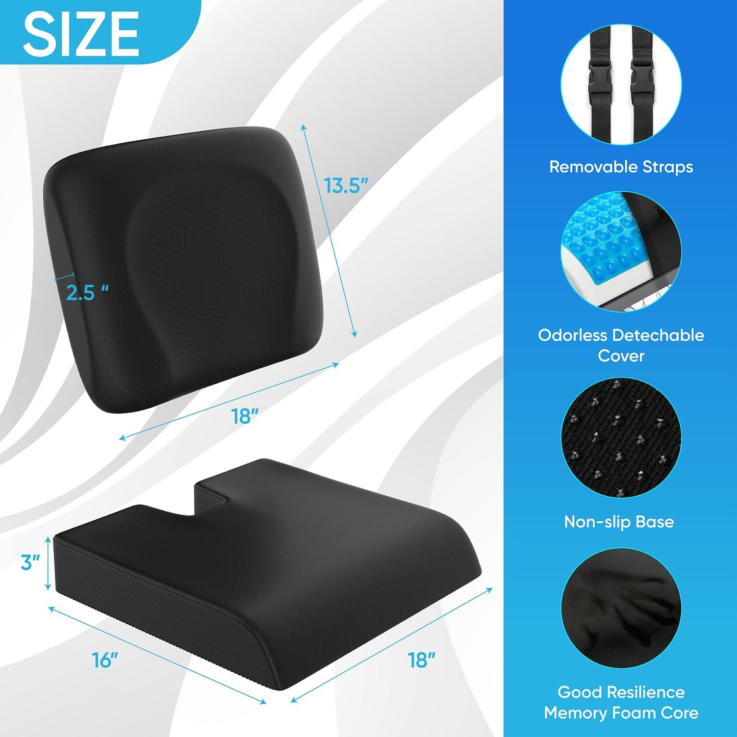 CUSHIO Wheelchair Cushion 18”X16” Anti-Slip 2-Piece Set with Lumbar Pillow