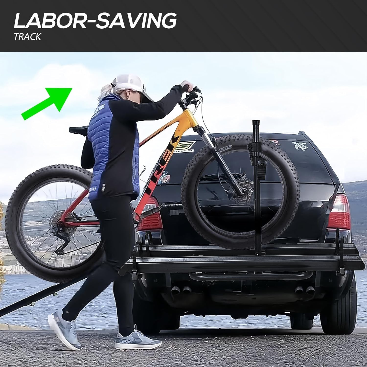 2 Ebike Rack with Ramp, 0.9-5" Fat Tire Bike Carrier, 200 LBS Capacity, Electric Bicycles Rack, Fits 2" Standard Hitch, Lockable & Foldable, Suvs Cars Trucks Vans