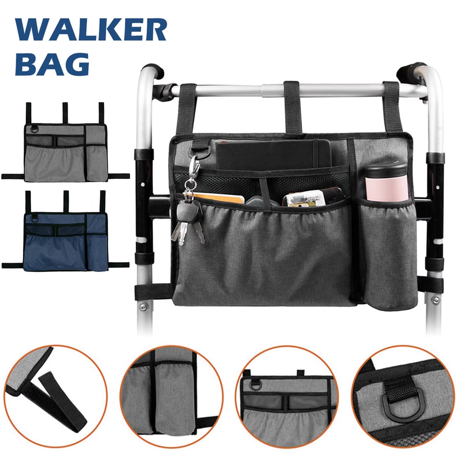 Walker Bag with Cup Holder Large Capacity Wheelchairs Storage Bag Folding Carry Storage Pouch Organizer for Seniors Elderly