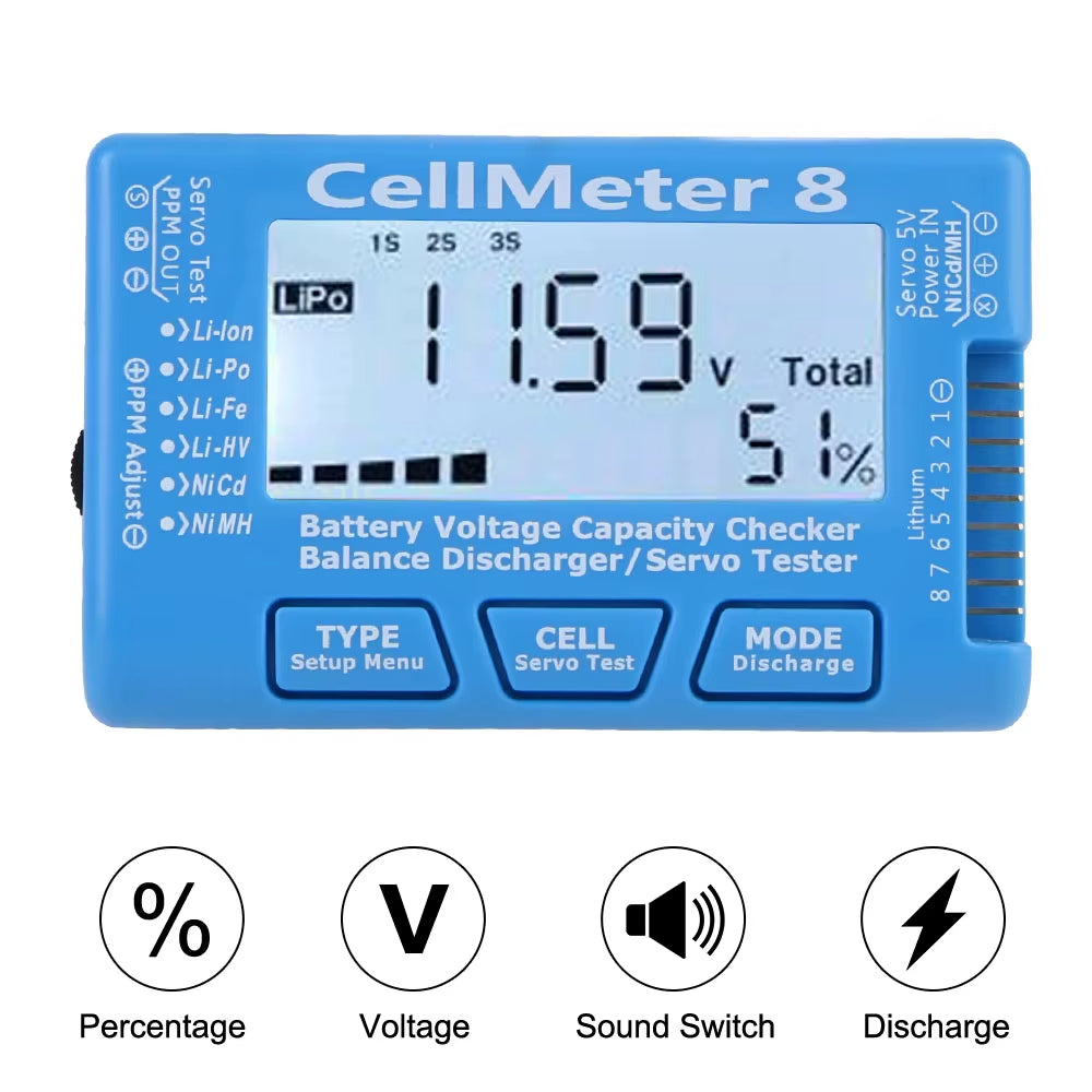 Battery Discharge Device Battery Voltage Tester 2-8S Digital Battery Capacity Checker RC Cellmeter 8