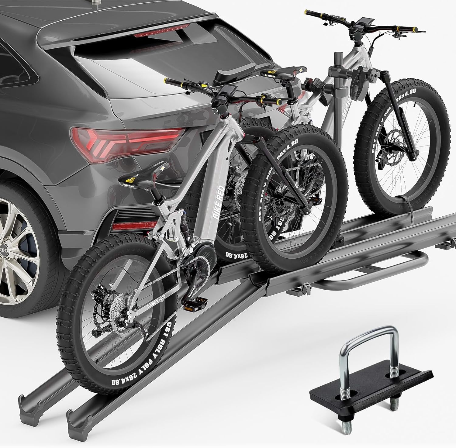 2 Ebike Rack with Ramp, 0.9-5" Fat Tire Bike Carrier, 200 LBS Capacity, Electric Bicycles Rack, Fits 2" Standard Hitch, Lockable & Foldable, Suvs Cars Trucks Vans
