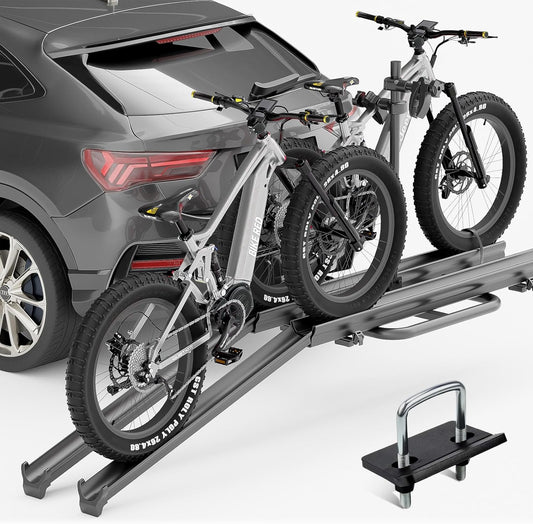 2 Ebike Rack with Ramp, 0.9-5" Fat Tire Bike Carrier, 200 LBS Capacity, Electric Bicycles Rack, Fits 2" Standard Hitch, Lockable & Foldable, Suvs Cars Trucks Vans
