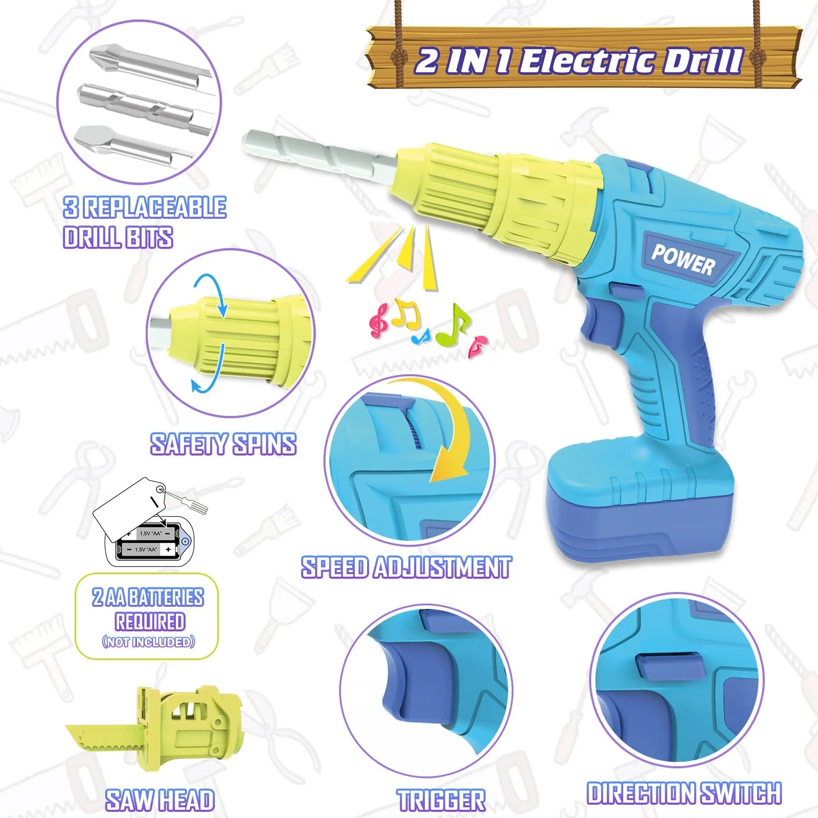 ENP Kids Tool Set, Electric Drill Chainsaw Tools Kit for Toddler, Tool Playset Kit for Boys Girls 3 4 5 6, Gift for Kids 3+, Blue