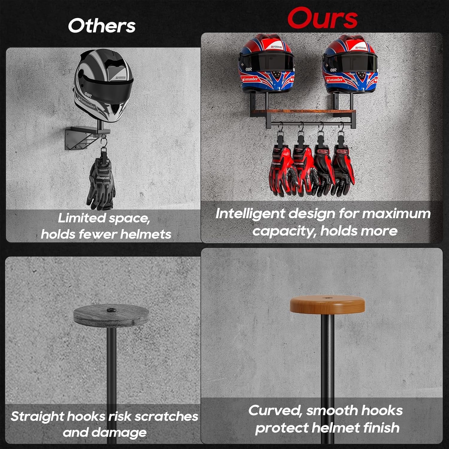 Motorcycle Helmet Holder Wall Mount, Motorcycle Accessories Display, Helmet Rack with 4 Glove Chips, Motorcycle Gear Storage for Men Women(Patent USD1104533S1)