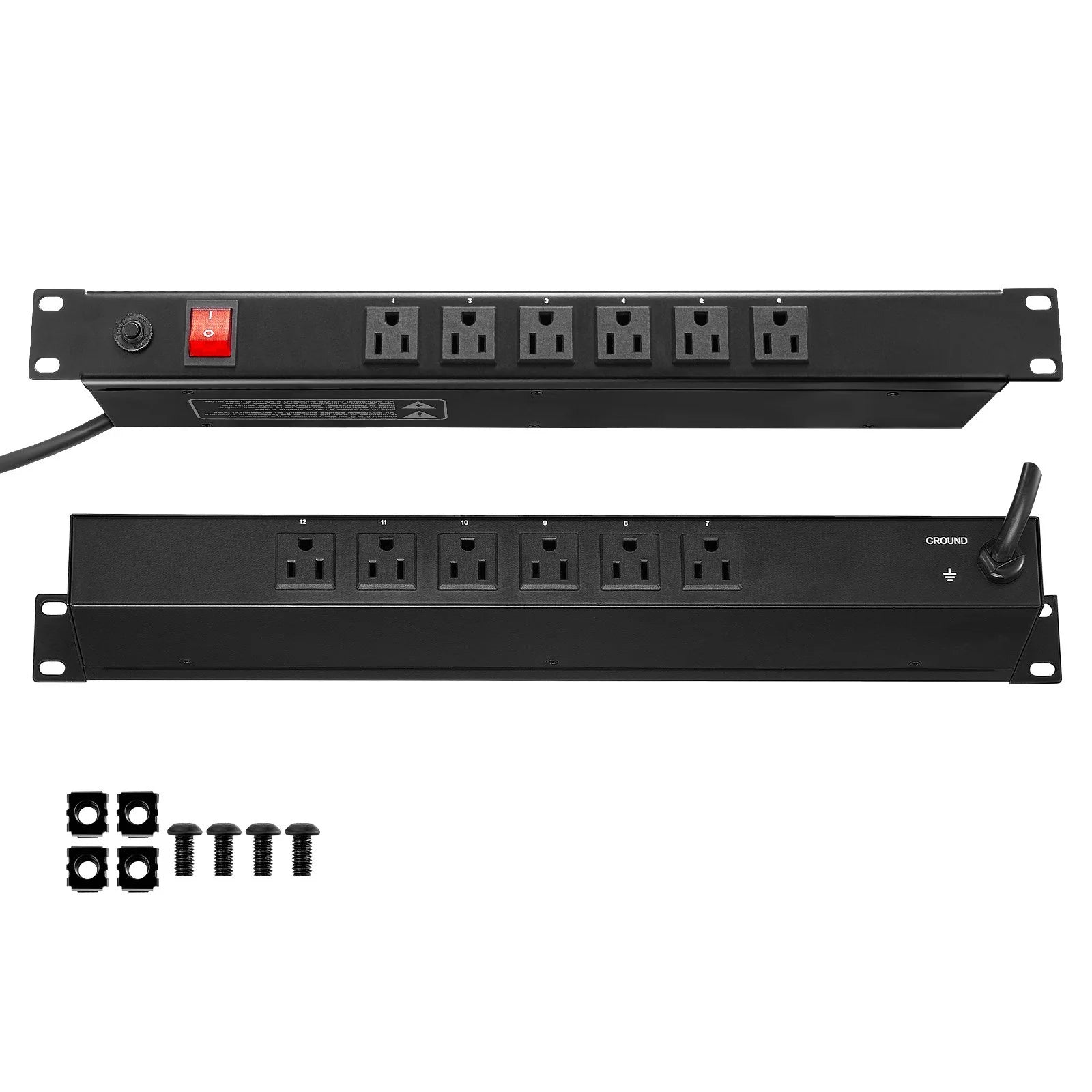 VEVOR 19 1U PDU 12 Outlets Rack Mount Power Strip Surge Overload Protection