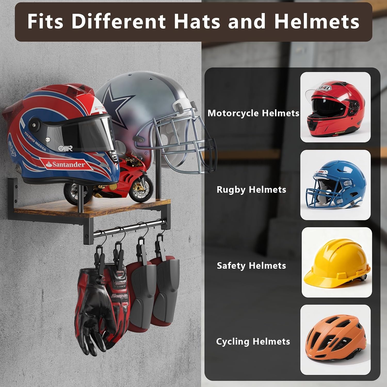 Motorcycle Helmet Holder Wall Mount, Motorcycle Accessories Display, Helmet Rack with 4 Glove Chips, Motorcycle Gear Storage for Men Women(Patent USD1104533S1)