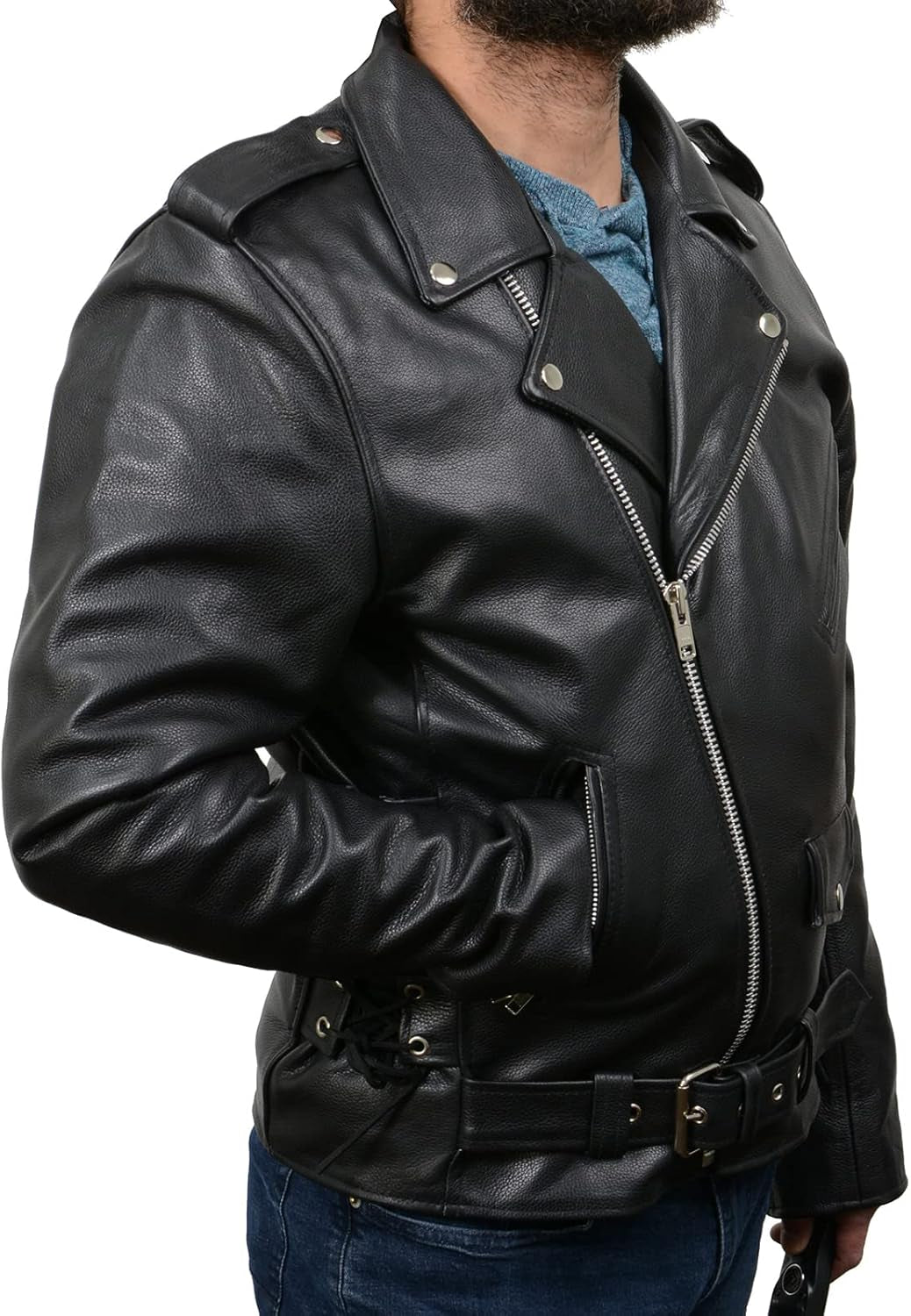 SH1011 Men'S Classic Brando Premium Leather Black Motorcycle Riders Leather Jacket W/Side Laces
