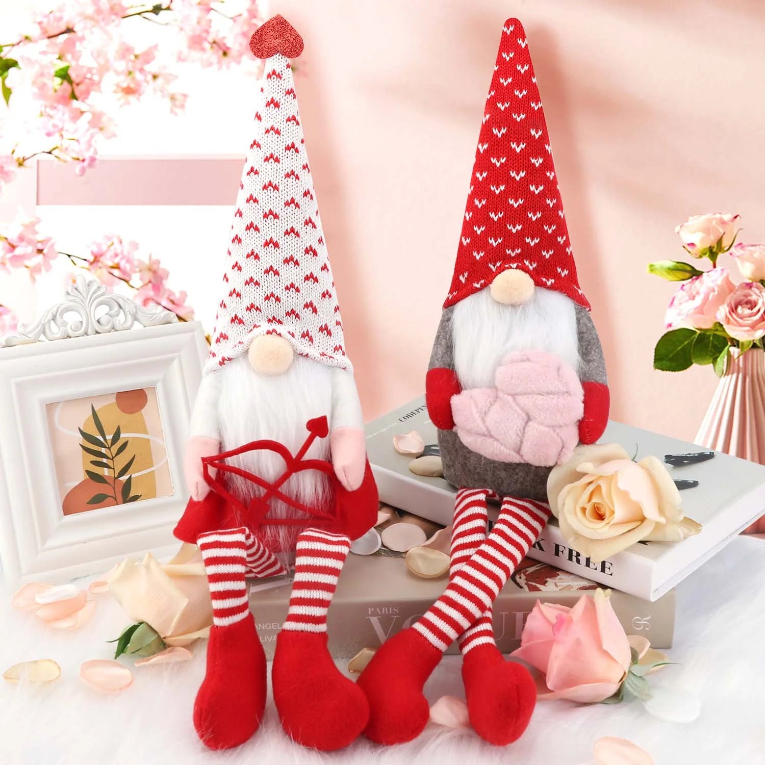 Valentines Day Decor 2Pcs Valentine Gnomes Plush Dolls Scandinavian Tomte Swedish Gnome Elf Dwarf Figurines Valentine'S Day Gifts Presents Anniversary Dinner Wedding Party Home Tabletop Decor Ornament