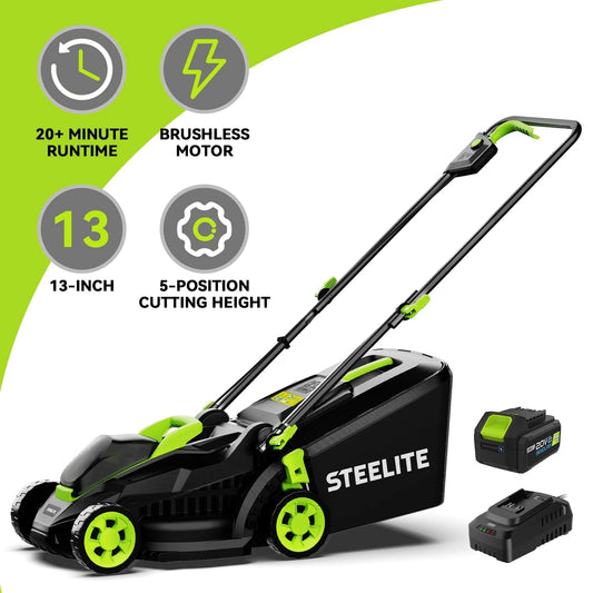 13-Inch Cordless Lawn Mower, 21V Electric Lawn Mowers with Brushless Motor for Garden,5 Heights Adjustment, 4.0Ah Battery & Charger Included