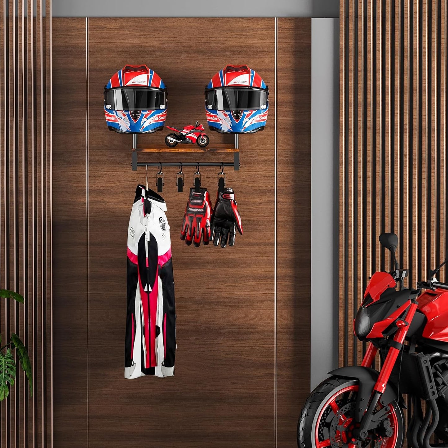 Motorcycle Helmet Holder Wall Mount, Motorcycle Accessories Display, Helmet Rack with 4 Glove Chips, Motorcycle Gear Storage for Men Women(Patent USD1104533S1)