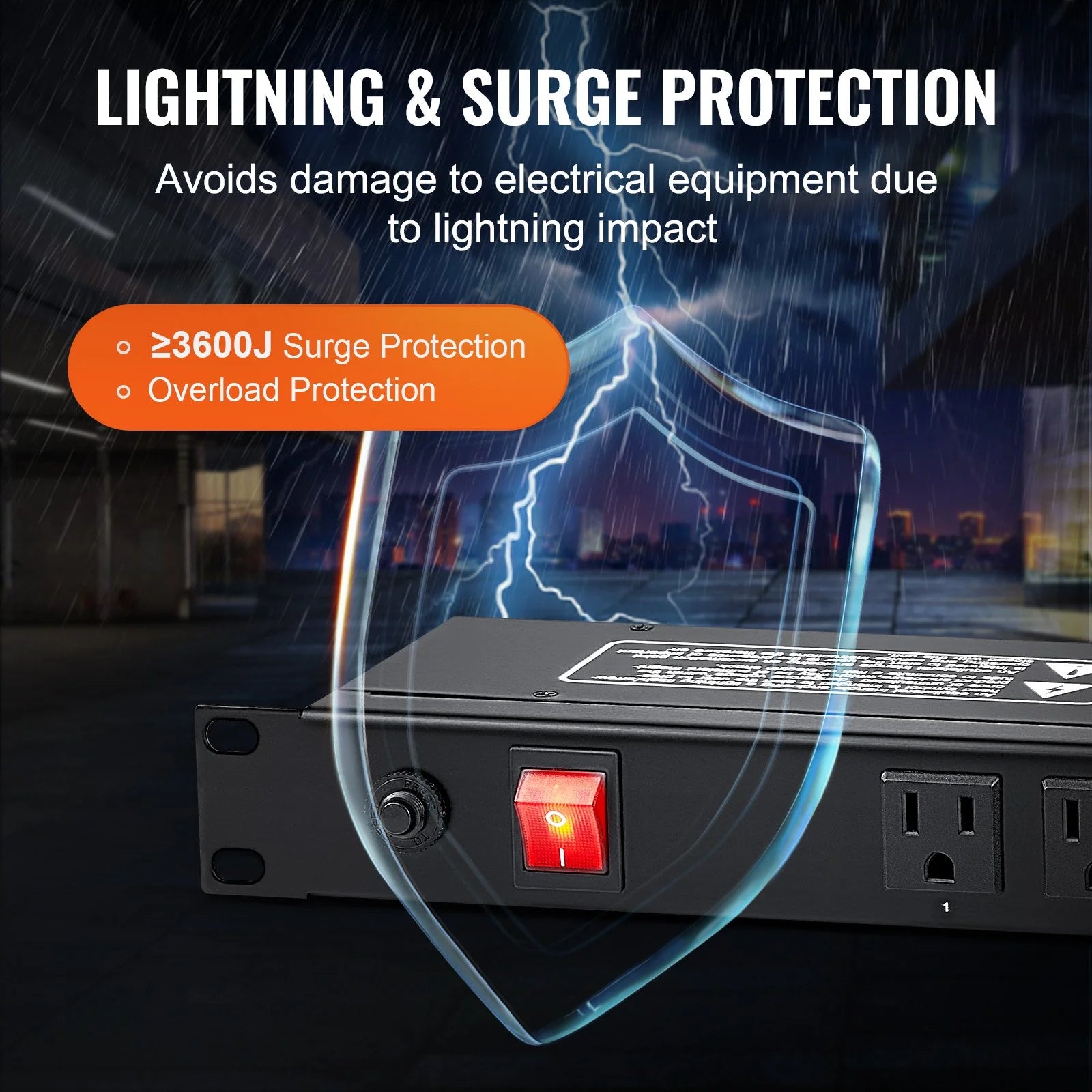 VEVOR 19 1U PDU 12 Outlets Rack Mount Power Strip Surge Overload Protection