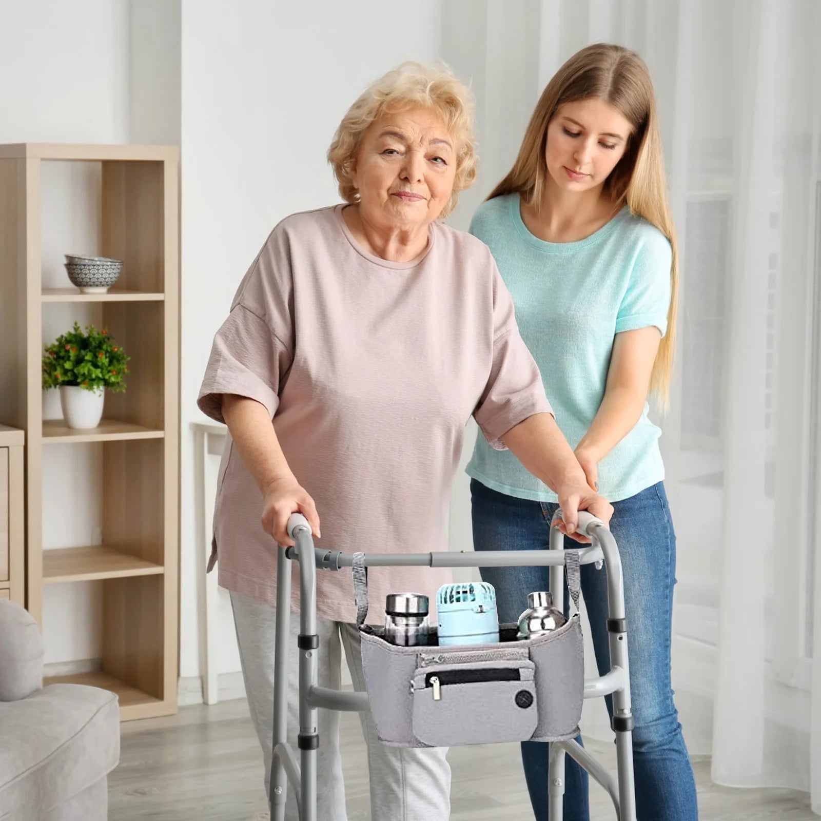 Walker Basket with Cup Holder, Universal Seniors Walker Bag with Large Capacity Storage, Elderly Accessories Pouch for Rollator, Wheelchair, Folding Walkers(Gray)