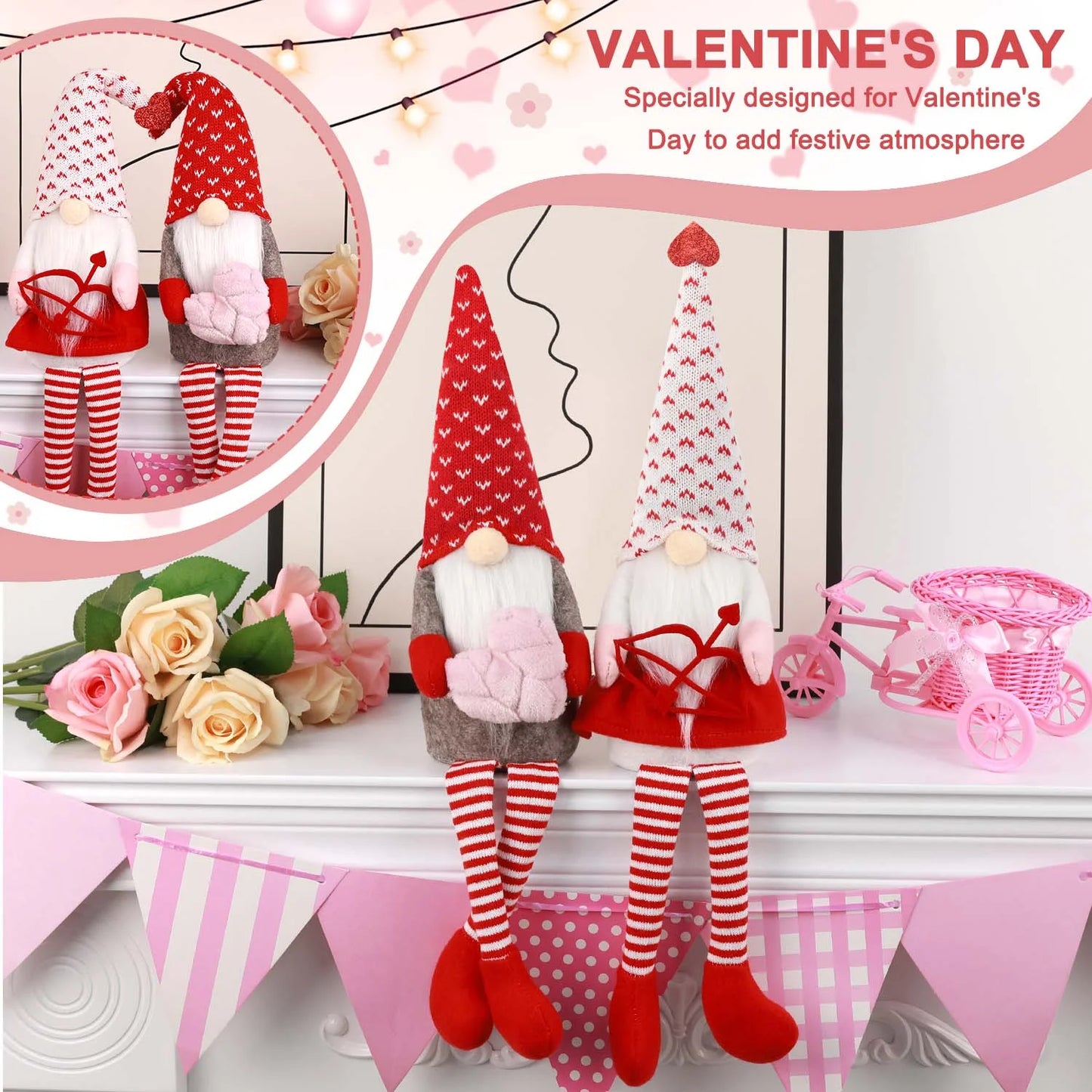 Valentines Day Decor 2Pcs Valentine Gnomes Plush Dolls Scandinavian Tomte Swedish Gnome Elf Dwarf Figurines Valentine'S Day Gifts Presents Anniversary Dinner Wedding Party Home Tabletop Decor Ornament
