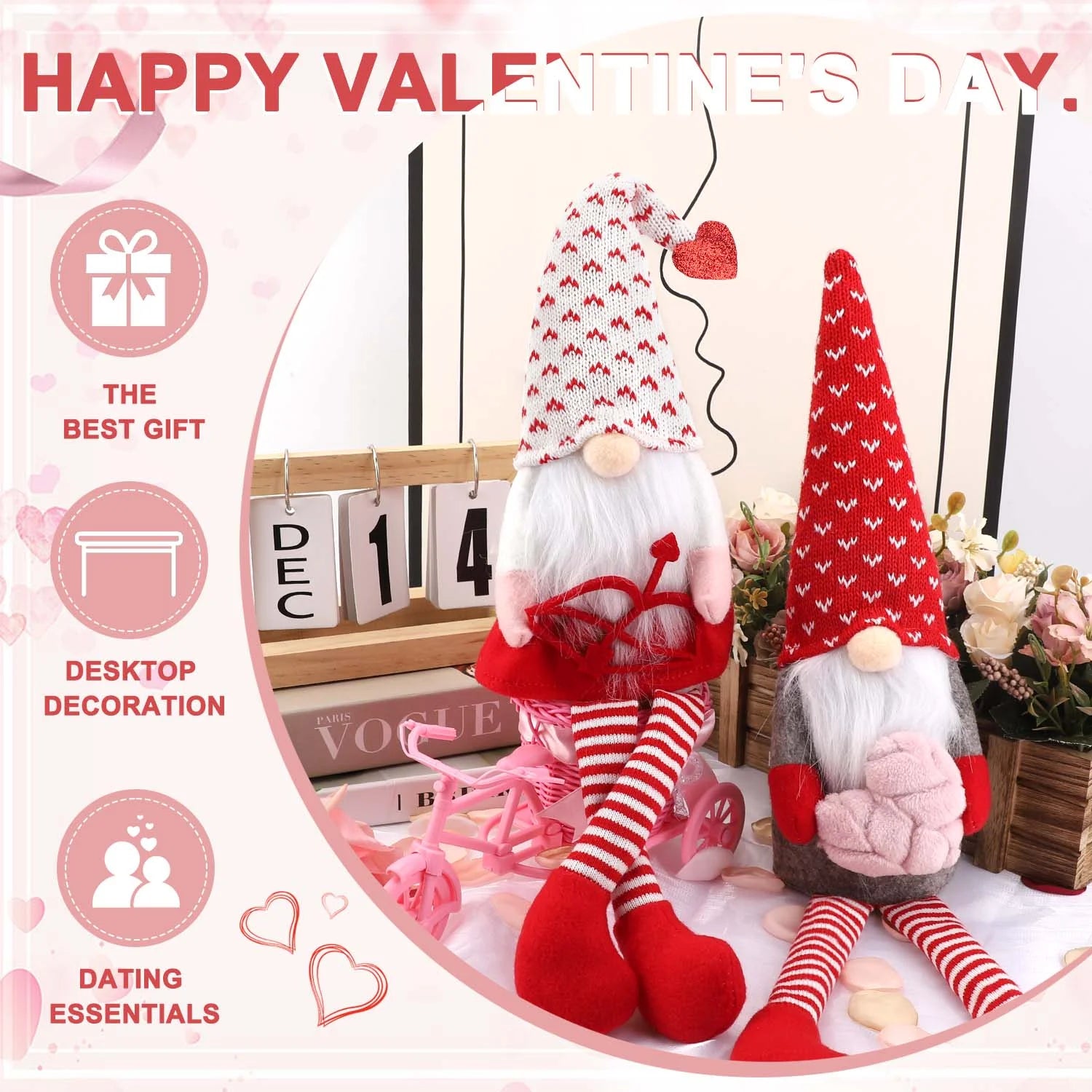 Valentines Day Decor 2Pcs Valentine Gnomes Plush Dolls Scandinavian Tomte Swedish Gnome Elf Dwarf Figurines Valentine'S Day Gifts Presents Anniversary Dinner Wedding Party Home Tabletop Decor Ornament