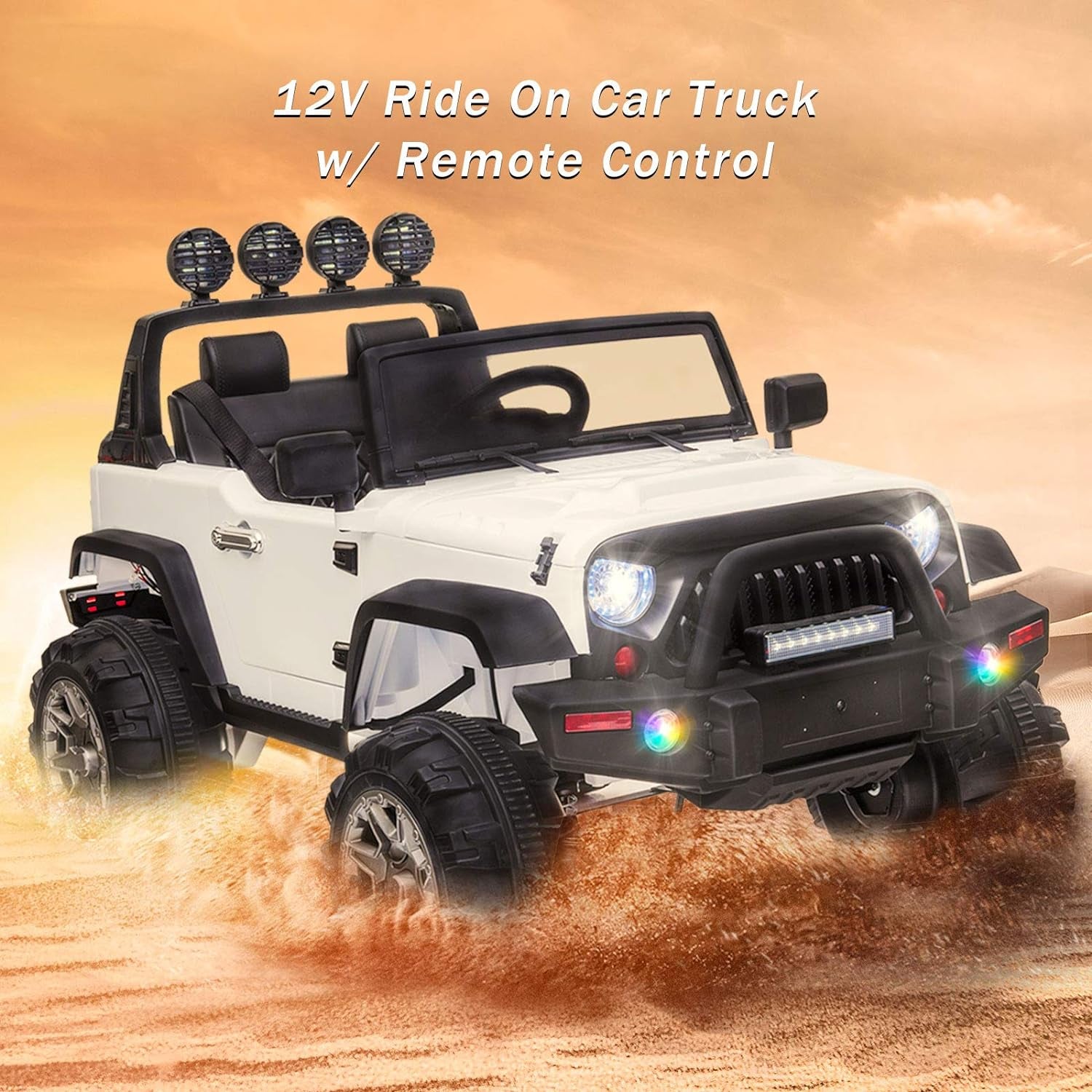 Kids Electric Car Ride on Cars Trucks, Battery Powered Car,12V Motorized Vehicles W/Parental Remote Control, LED Lights, MP3 Player,Safety Belt,Spring Suspension（White）