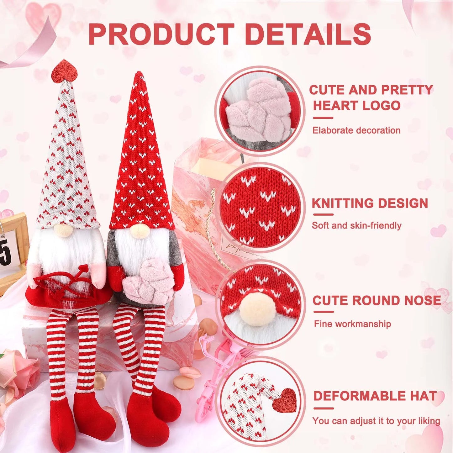 Valentines Day Decor 2Pcs Valentine Gnomes Plush Dolls Scandinavian Tomte Swedish Gnome Elf Dwarf Figurines Valentine'S Day Gifts Presents Anniversary Dinner Wedding Party Home Tabletop Decor Ornament