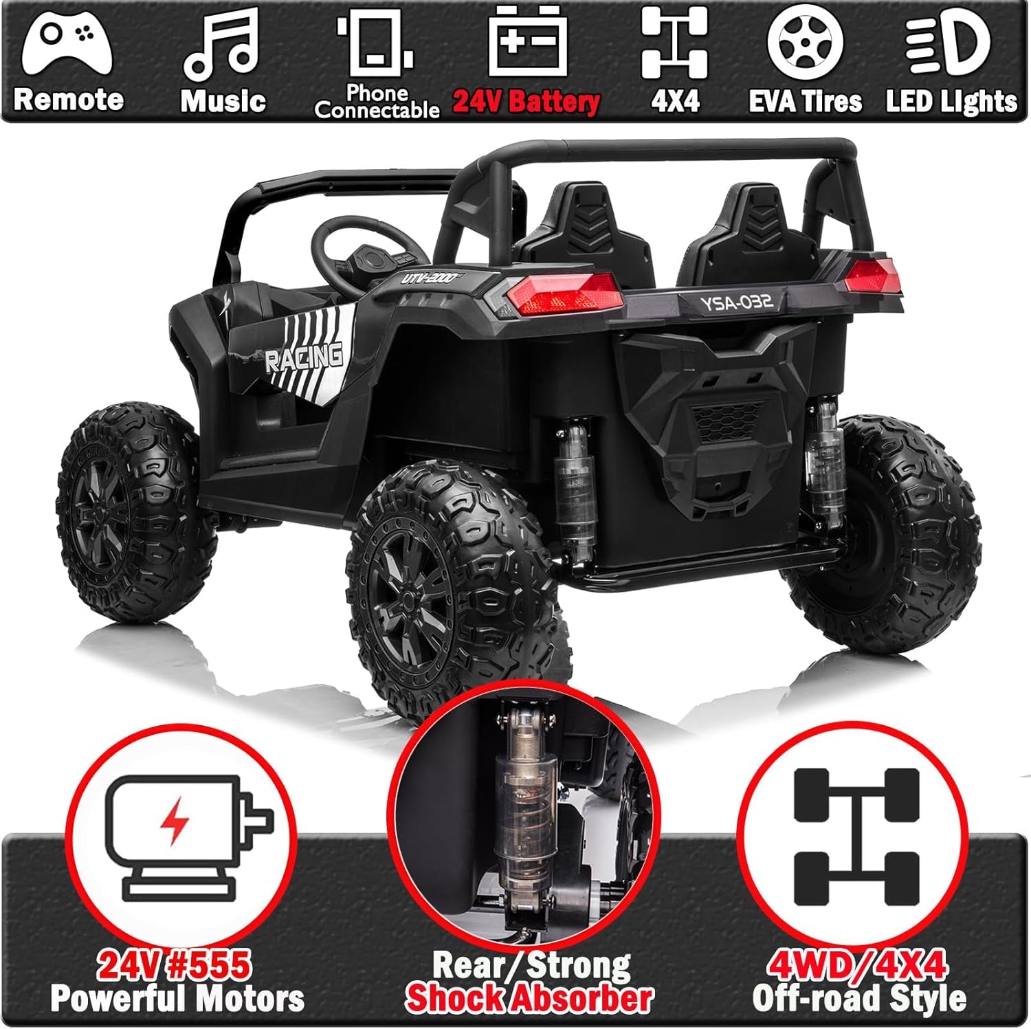 XXXL 24V Ride on Toys for Big Kids UTV 2 Seater Ride on Car for Kids 4WD Ride on Truck with Remote Control, Off-Road Side by Side, Max 220Lbs, up to 5.6 MPH, Shock Suspension, Music, Black