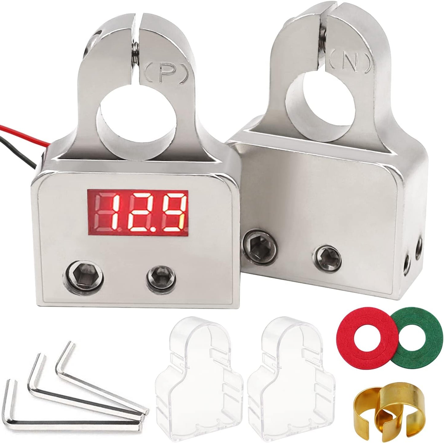 1 Pair Motor Car Battery Terminal Connectors with Voltmeter 0/4/8 AWG Positive Negative Battery Post Clamp and Shims,Auto Car Marine Boat Terminals Replacemen(Silver)