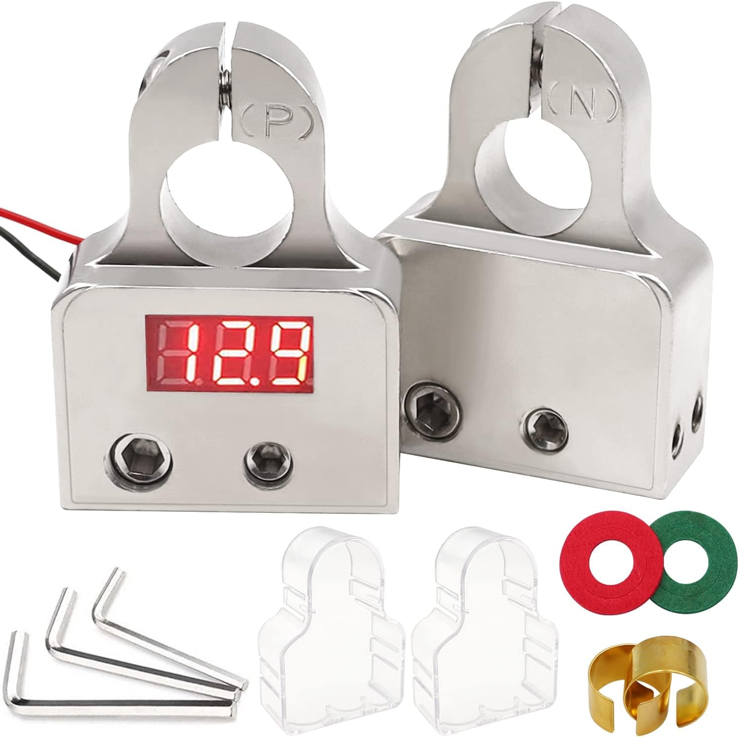 1 Pair Motor Car Battery Terminal Connectors with Voltmeter 0/4/8 AWG Positive Negative Battery Post Clamp and Shims,Auto Car Marine Boat Terminals Replacemen(Silver)
