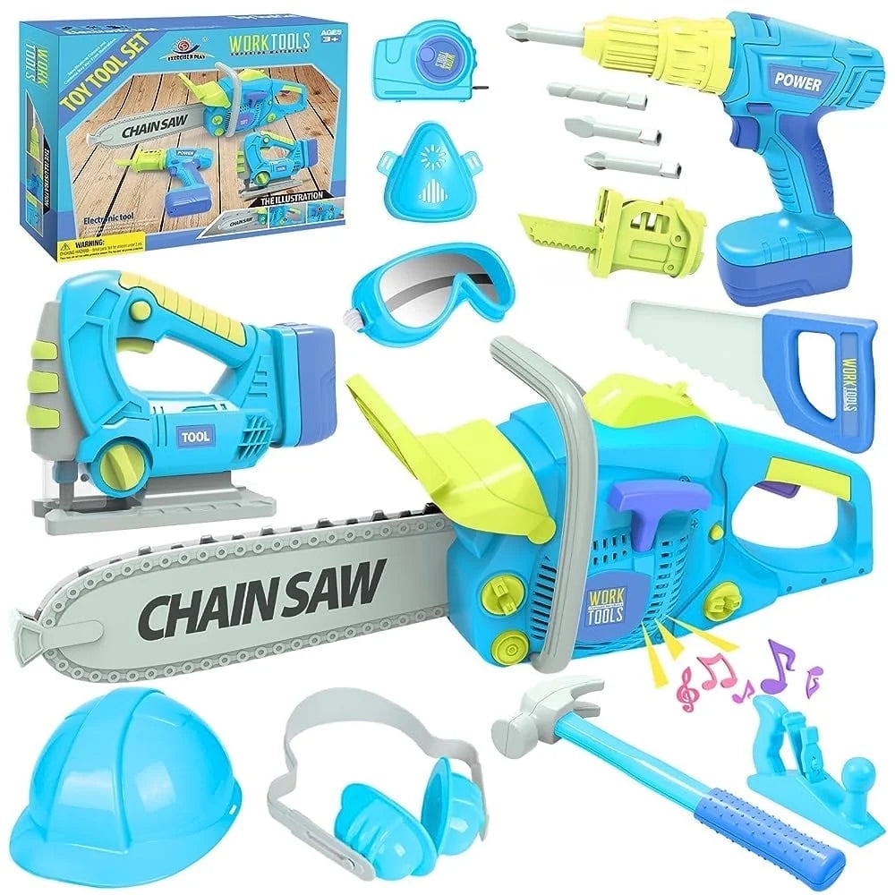 ENP Kids Tool Set, Electric Drill Chainsaw Tools Kit for Toddler, Tool Playset Kit for Boys Girls 3 4 5 6, Gift for Kids 3+, Blue