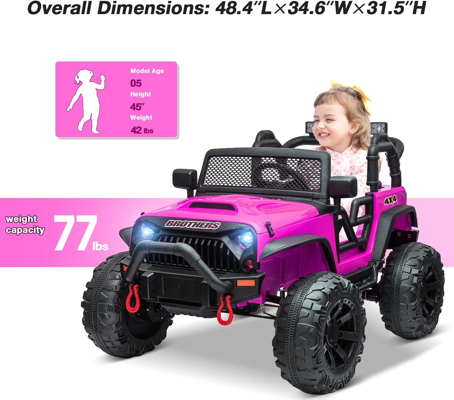 12V Kids Ride on Truck Toys with Remote Control Electric Vehicles with 3 Speeds for Boys Girls in Rose Red