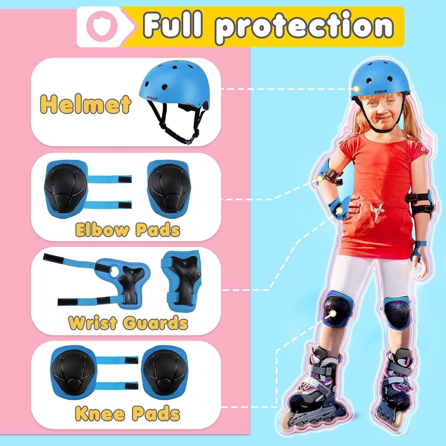 Kids Bike Helmet Set, Adjustable Toddler Helmet for Ages 2-3-5-8-14 Kids with Knee, Elbow & Wrist Pads | Multi-Sport Helmet for Skateboard Cycling Scooter Rollerblading