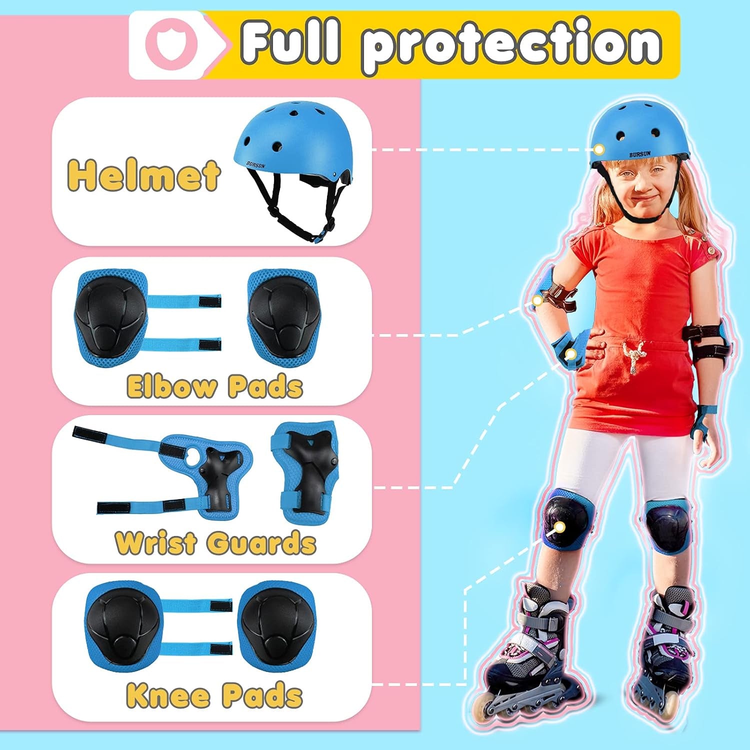 Kids Bike Helmet Set, Adjustable Toddler Helmet for Ages 2-3-5-8-14 Kids with Knee, Elbow & Wrist Pads | Multi-Sport Helmet for Skateboard Cycling Scooter Rollerblading