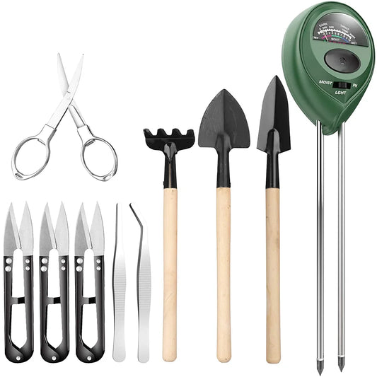 9 Pcs Bonsai Tools with Soil Moisture Meter, 3-In-1 Moisture Sensor/Sunlight/Ph, Include Pruner, Folding Scissors, Mini Rake, Bud & Leaf Trimmer Set