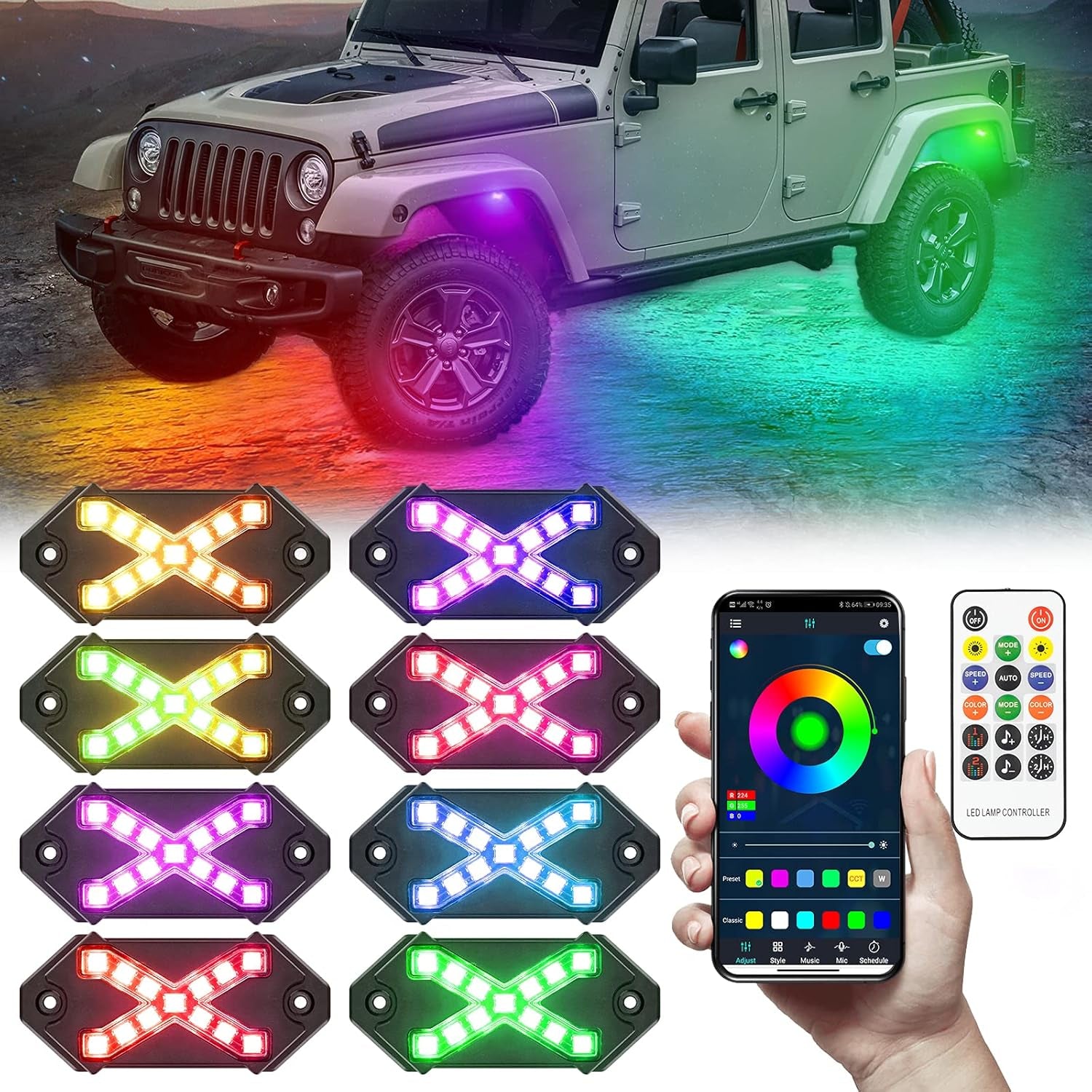 8 Pods LED Rock Lights RGBIC, Upgraded 104 Leds Multicolor Neon Underglow Waterproof Music Lighting Kit for Jeep off Road Truck Car ATV SUV