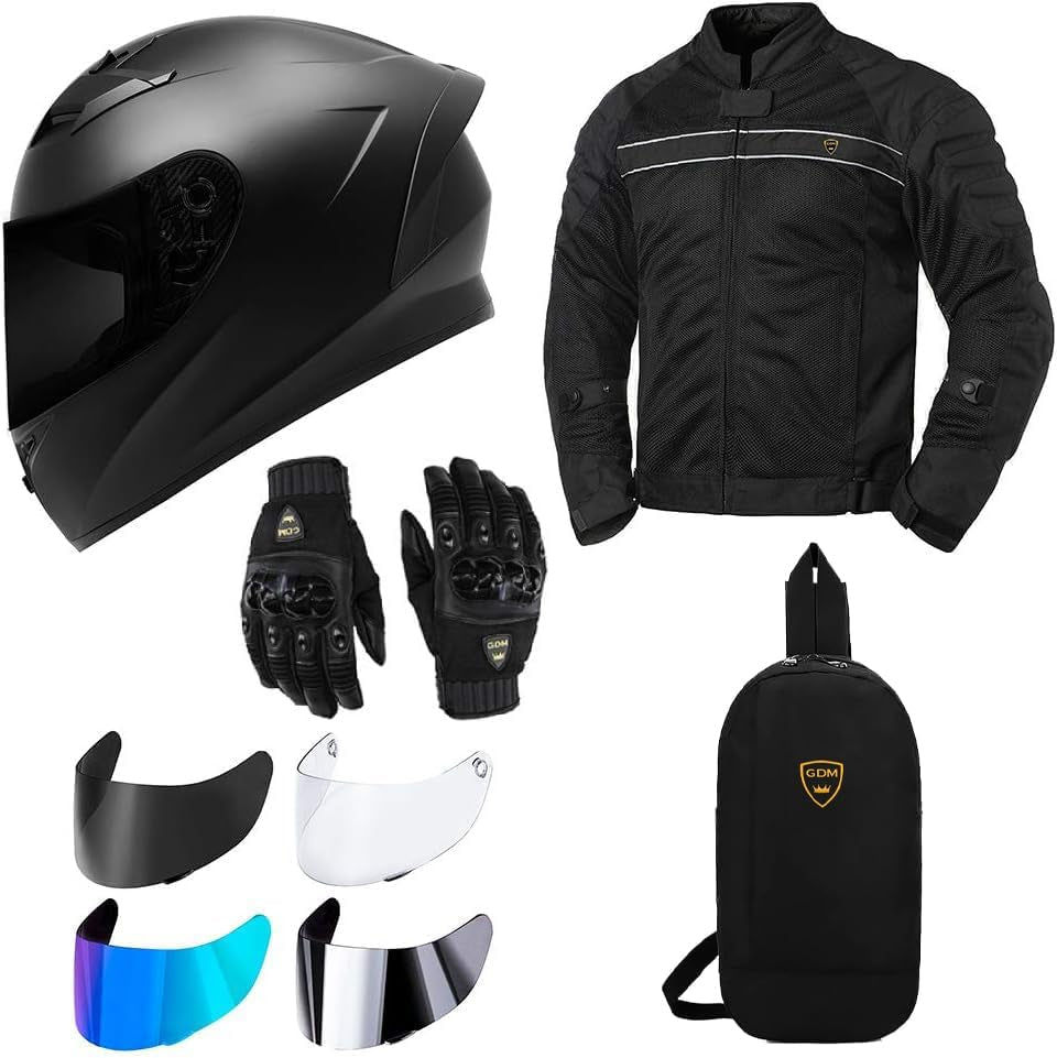 Motorcycle Protective Gear Bundle (Premium Pack) - Helmet, Jacket, Gloves, Shields, Backpack