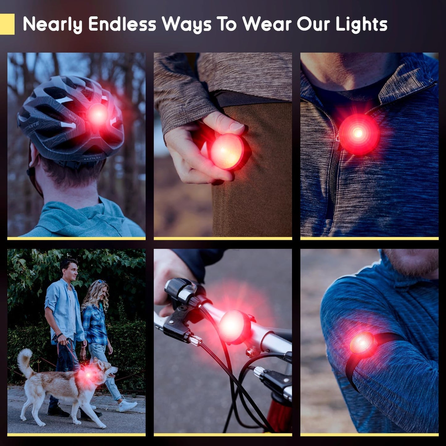 E100 LED Safety Lights for Walking at Night - Waterproof Bike LED Light Excellent for Runners, Cycling, Dog Walking, Kayaking-Bright Clip on LED Light, Many Straps for Wearing - 2 Pack, Red