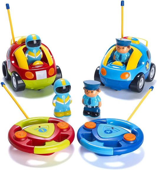2 Pack Cartoon Remote Control Cars | Police Car and Race Car - RC Toys for Kids, Boys, & Girls - Each with Different Frequencies so Both Can Race Together - Gifts for Toddler Boys Ages 2-4